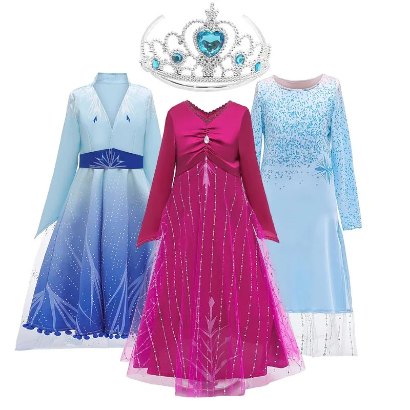 Newest Princess Dress for Girls Snow Queen Elsa Cosplay Christmas Dress Disfraz Elsa 2 Party Long Sleeve Long Vestidos 12Ys