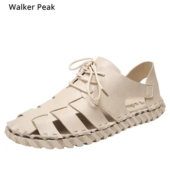 

Fashion Summer Mens Sandals Genuine leather Flats Casual Non-slip Shoes Beach outdoor Men Driving Shoes Closed toe Walkerpeak