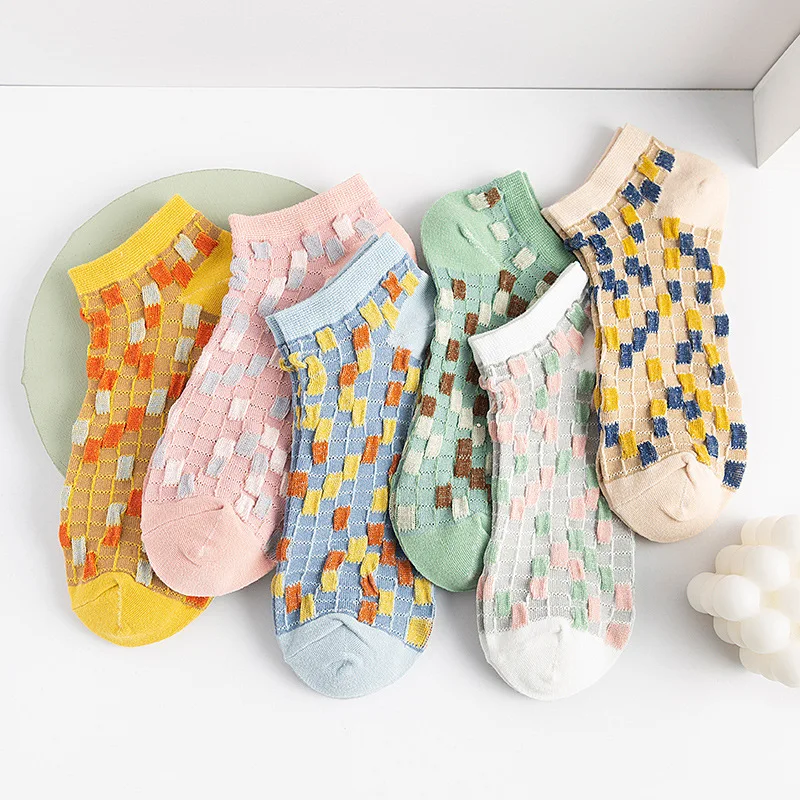 

Spring Autumn Women Socks Casual Luxury Female Sock Candy Color Rainbow Grid 100% Cotton Tide Retro Harajuku Girl Short Socks