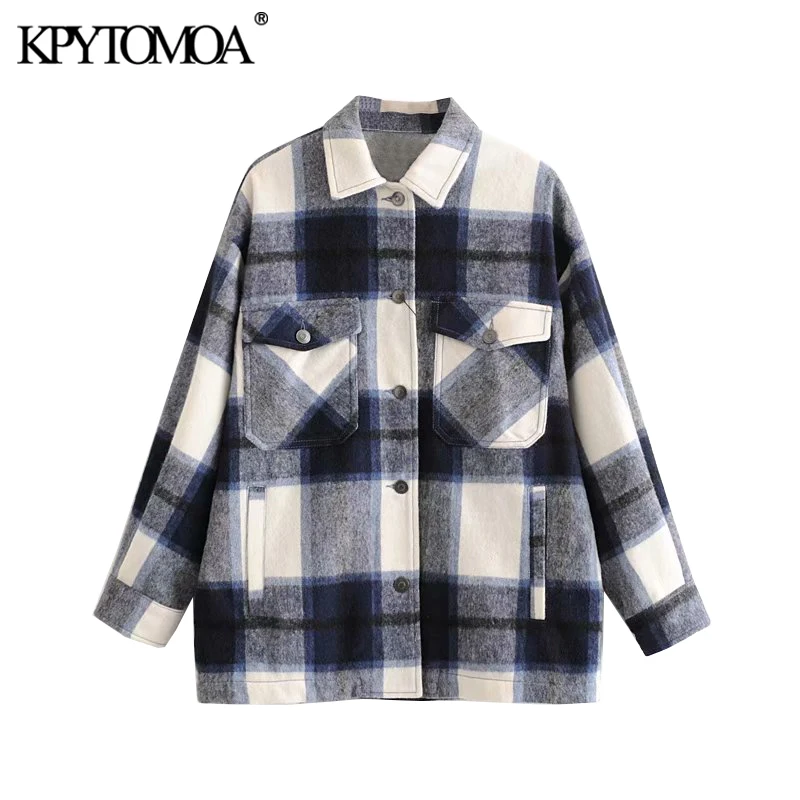 low cost Vintage Stylish Pockets Oversized Plaid Jacket Coat Women 2020 Fashion Lapel Collar Long Sleeve Loo