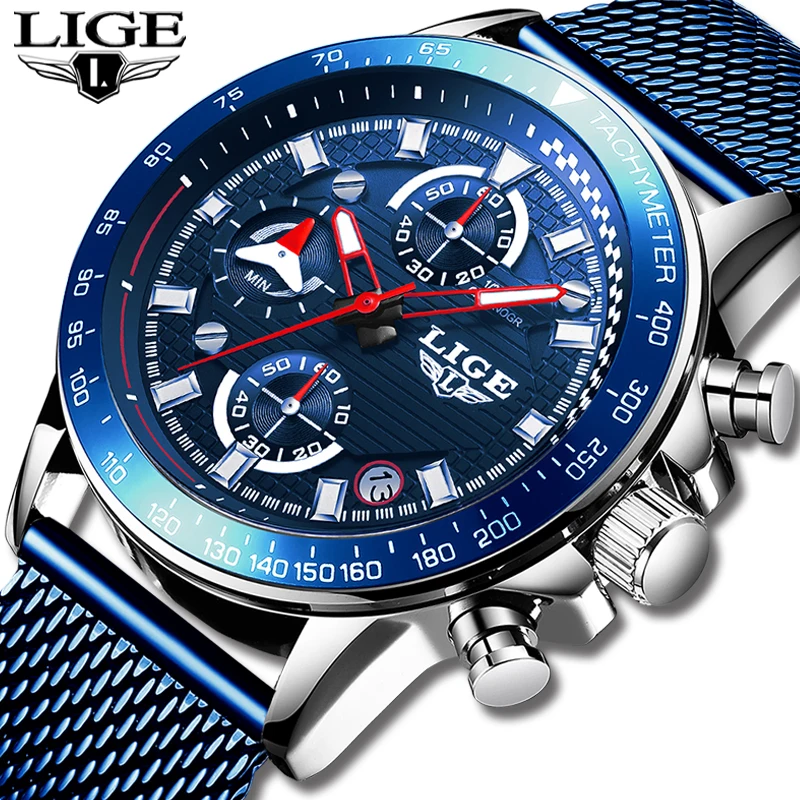 

2019 new blue Quartz clock LIGE men watches Top brand luxury watch for men Simple all steel waterproof wristwatch Reloj Hombre