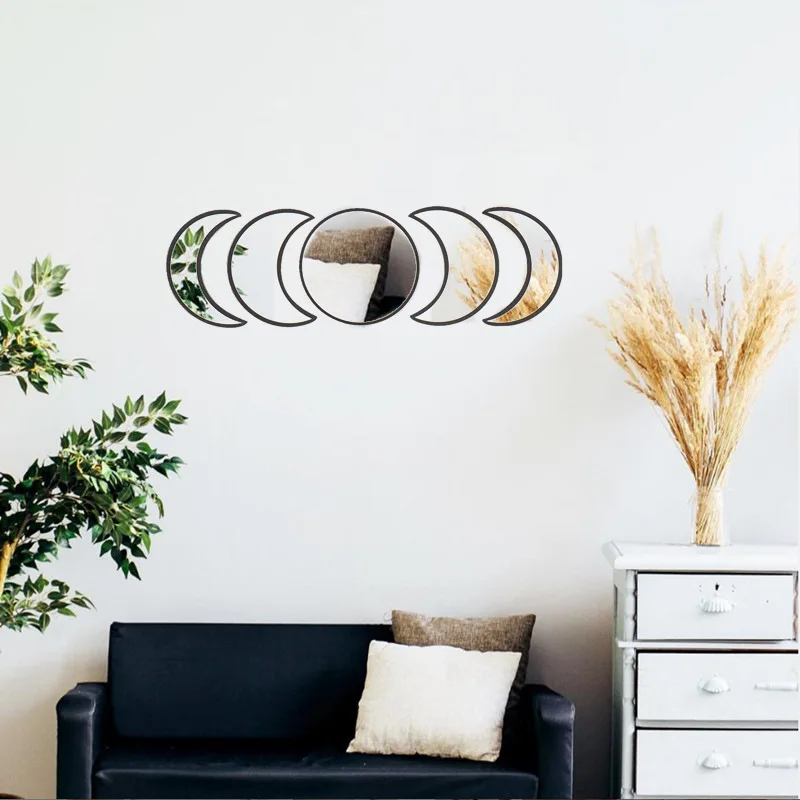 Nordic Wooden Decorative Mirror Decor Acrylic Moonphase Mirror Interior Design Wooden Moon Phase Mirror Bohemian Wall Decoration