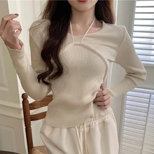 

Halter Neck Knitting Sweater Women's Spring New Fashion Solid Spliced Knitwear Female Ribbed Slim Casual Short Pullover Femme
