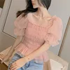 Summer Mesh Blouses Women Sweet Puff Sleeve Gauze Blouses Ladies Elegant Shirt Tops Square Neck Ruffle Ruched Chiffon Pink Top 5