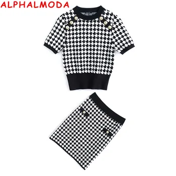 

ALPHALMODA 2020 Summer New Chic Elegant Short-Sleeved Knitted Sweater Top + Mini Skirts Women Fashion 2pcs Knitting Suit Constum