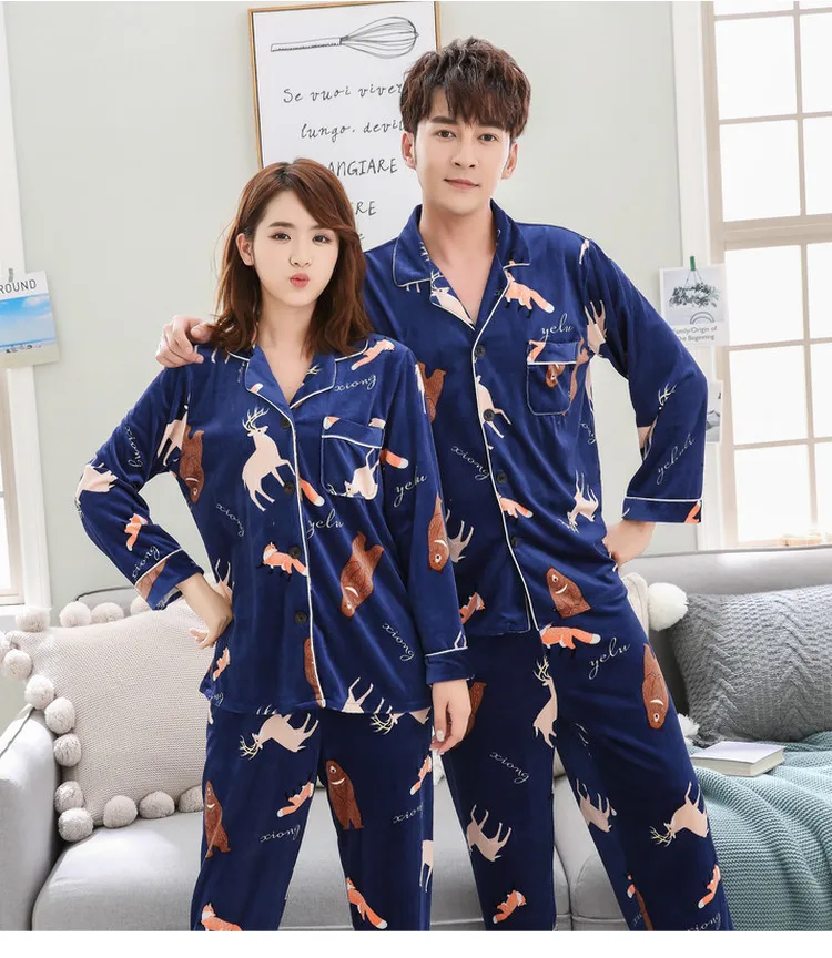 Autumn and Winter Newest Gold Velvet Pajamas Women's Couples Long-sleeved Suit Men and Women Cardigan Casual Home Clothes