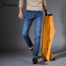 PViviYong Новое поступление зимние мужские джинсы с толстой подкладкой, свободные прямые Стрейчевые мужские джинсы, большие размеры 29-36 816-1