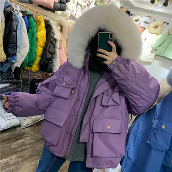 

White Duck Down Jacket Real Raccoon Fur Hooded 2020 Female Thicken Warm Winter Coat Women Short Loose Feather Snow Coat Q132