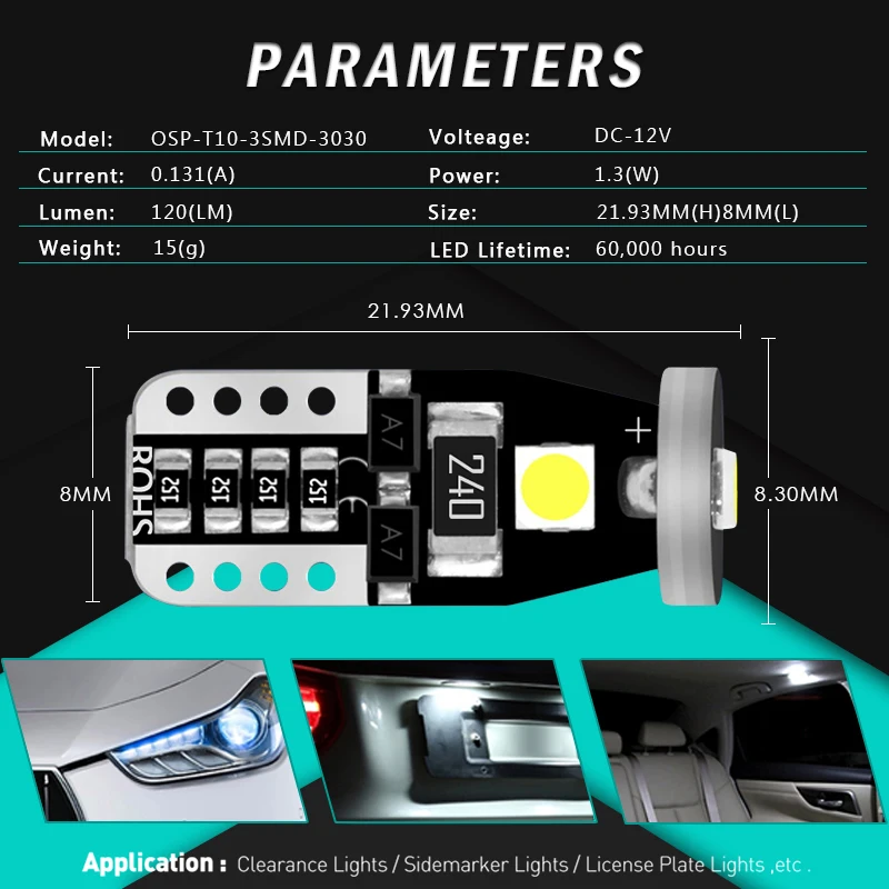 2 шт. Автомобильные светодиодные лампы t10 w5w 3030 3SMD 194 168 12 В 6500 К|Сигнальная лампа| |