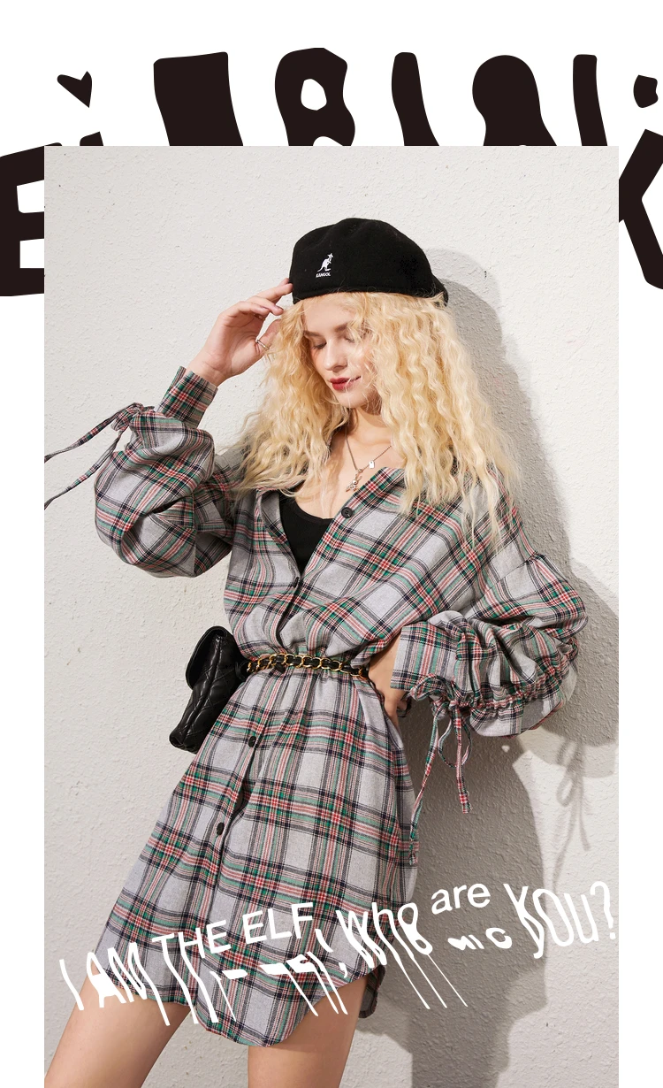 ELFSACK Plaid British High Waist Chiffon Shirt Dress Women,2020 Autumn ELF Vintage Lace Up Korean Ladies Daily Preppy Dresses