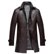 Зимний воротник стойка верхняя одежда мужская длинная Повседневная приталенная кожаная плюс бархатная теплая куртка для мужчин кожаная одежда