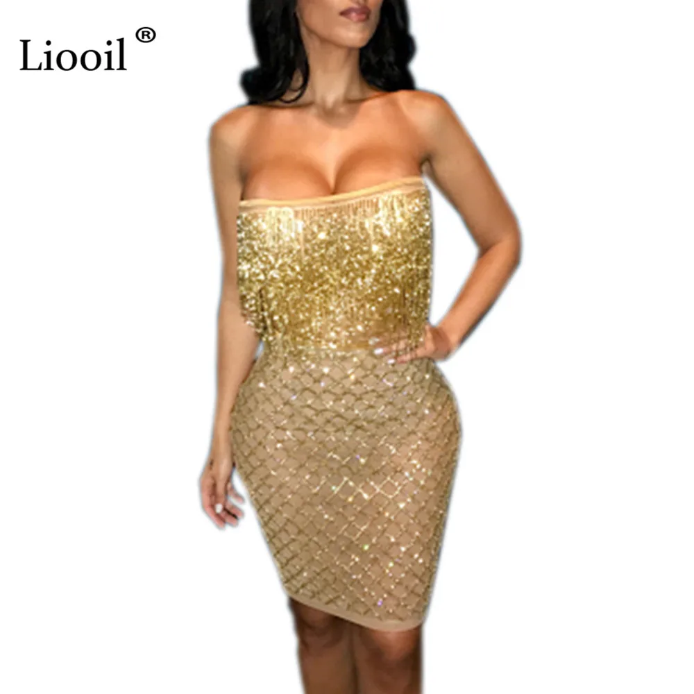 Liooil Золото из двух частей наряды комплект кисточкой Bodycon мини платье Сексуальная Клубная одежда без рукавов без бретелек узкие платья женские Вечерние