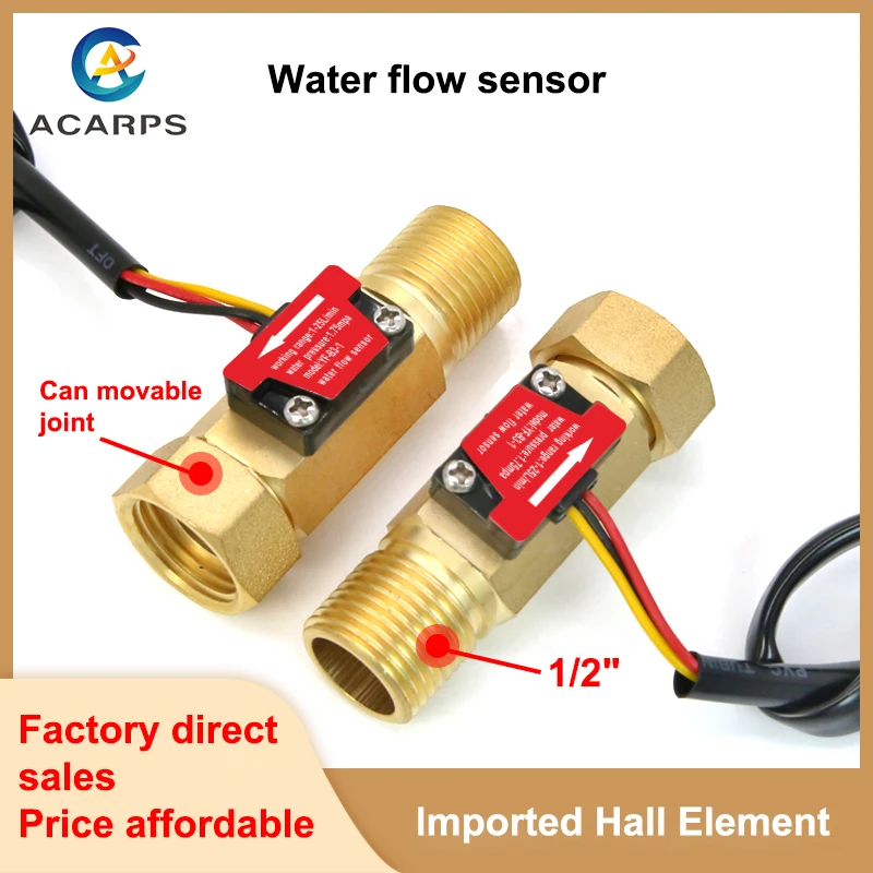 

1/2" NEW Male Female Thread Water Flow Sensor Brass 1.75MPa Hall Sensor Pulse Turbine Flowmeter DC5~18V