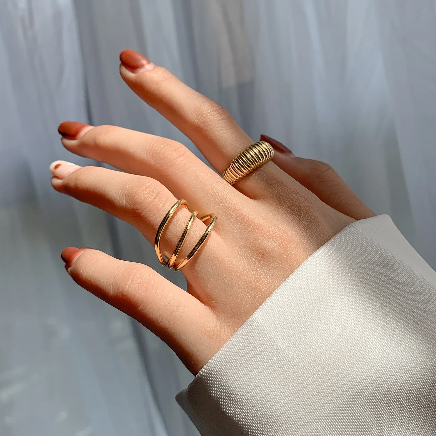 LIVVY Gold Color three layers Rings For Women Vintage Strips Engagement Rings  Jewelry 2021 Trend