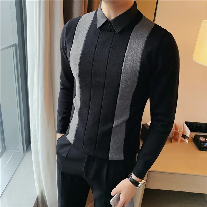 High Quality Simple Fashion Striped Spliced Sweater Men Clothing 2021 Fake-2pieces Business Knitted Pullovers Black/Gray 4XL-M