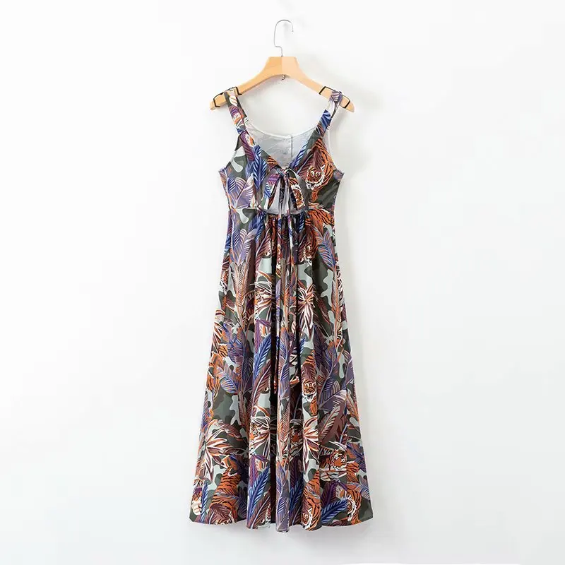 

Autumn New Products Slim Fit Slimming Fashion Holiday-Style Single-Breasted Tiger Printed Camisole A- type Dress Women's