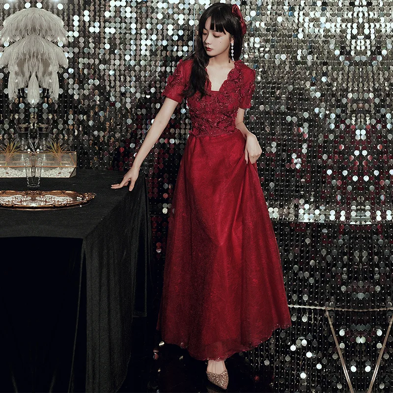 

Wine Red Applique Evening Dress Long Elegant Bride Wedding Engagement Party Dress Women V-neck A-Line Formal Prom Dresses China
