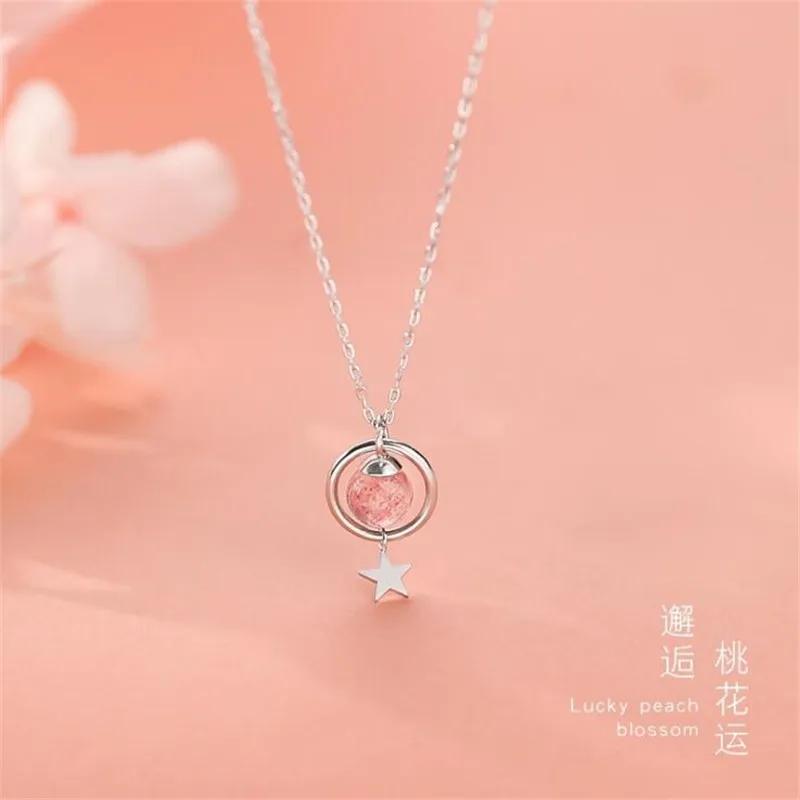 New Fresh And Lovely Stars Strawberry Pink Crystal 925 Sterling Silver Jewelry Magic Circle Women Pendant Necklaces XL122