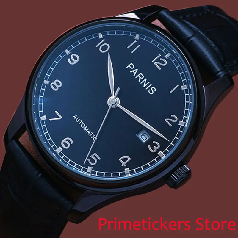 

43mm PARNIS black dial PVD coated case date ST automatic movement mens watch leather strap