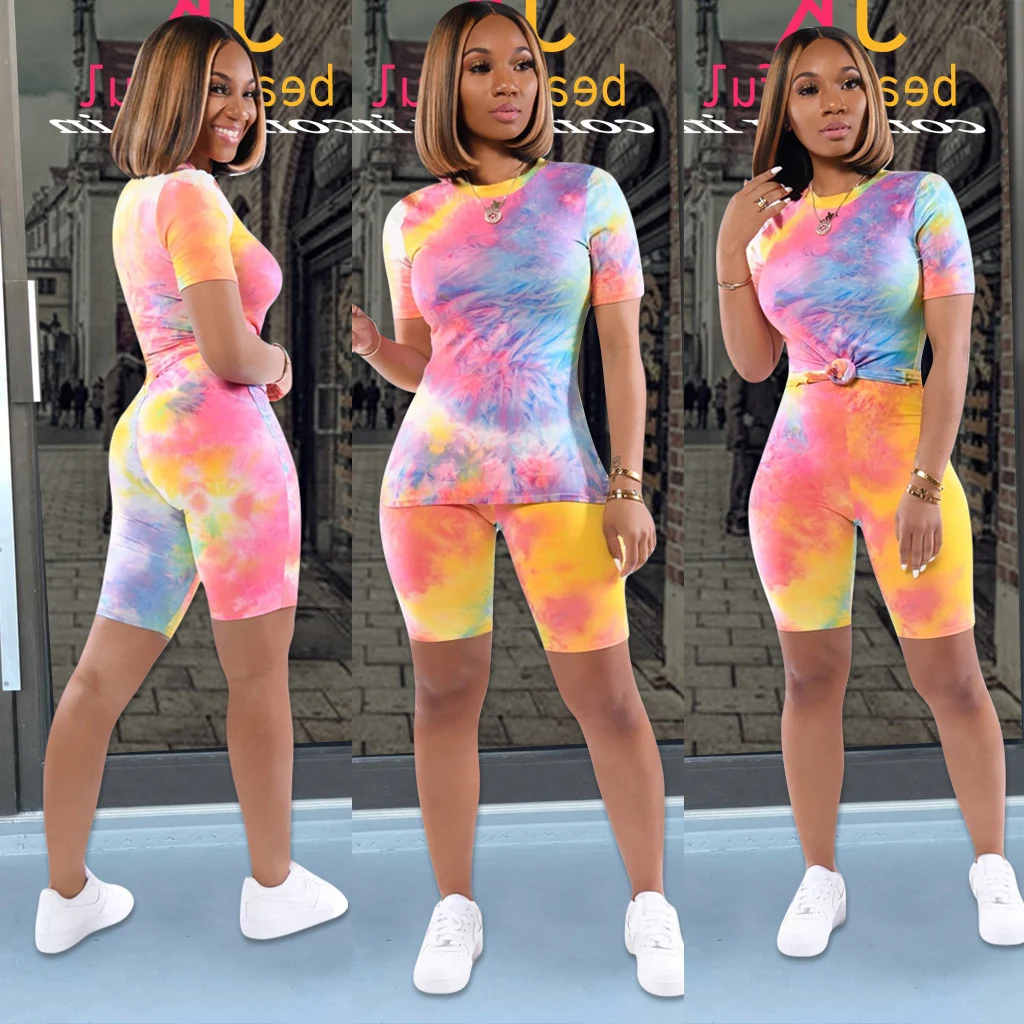 TWO PIECE SET Tie Dye Biker Shorts Suit Sweatshorts Women Clothing T Shirt  Top Tracksuit Sportswear 2 PIECE Set Summer 2020 PC - AliExpress