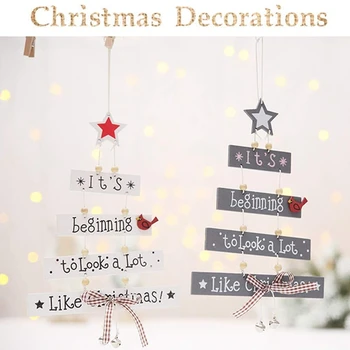 

2Pcs Christmas Wood Tree Pendant Creative Wooden Crafts Window Door Kitchen Dress Up Wooden Card Hanging Decorations White Gray
