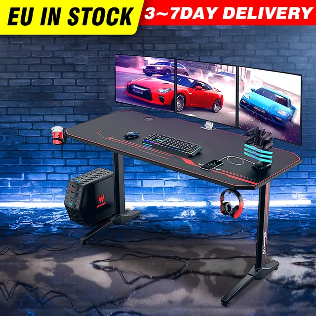 Gaming Desk, 60 Inch Computer Desk Carbon Fiber Surface Gamer Desk with  Free Mouse Pad, T-Shaped Professional Gaming Table with USB Gaming Rack,  Cup