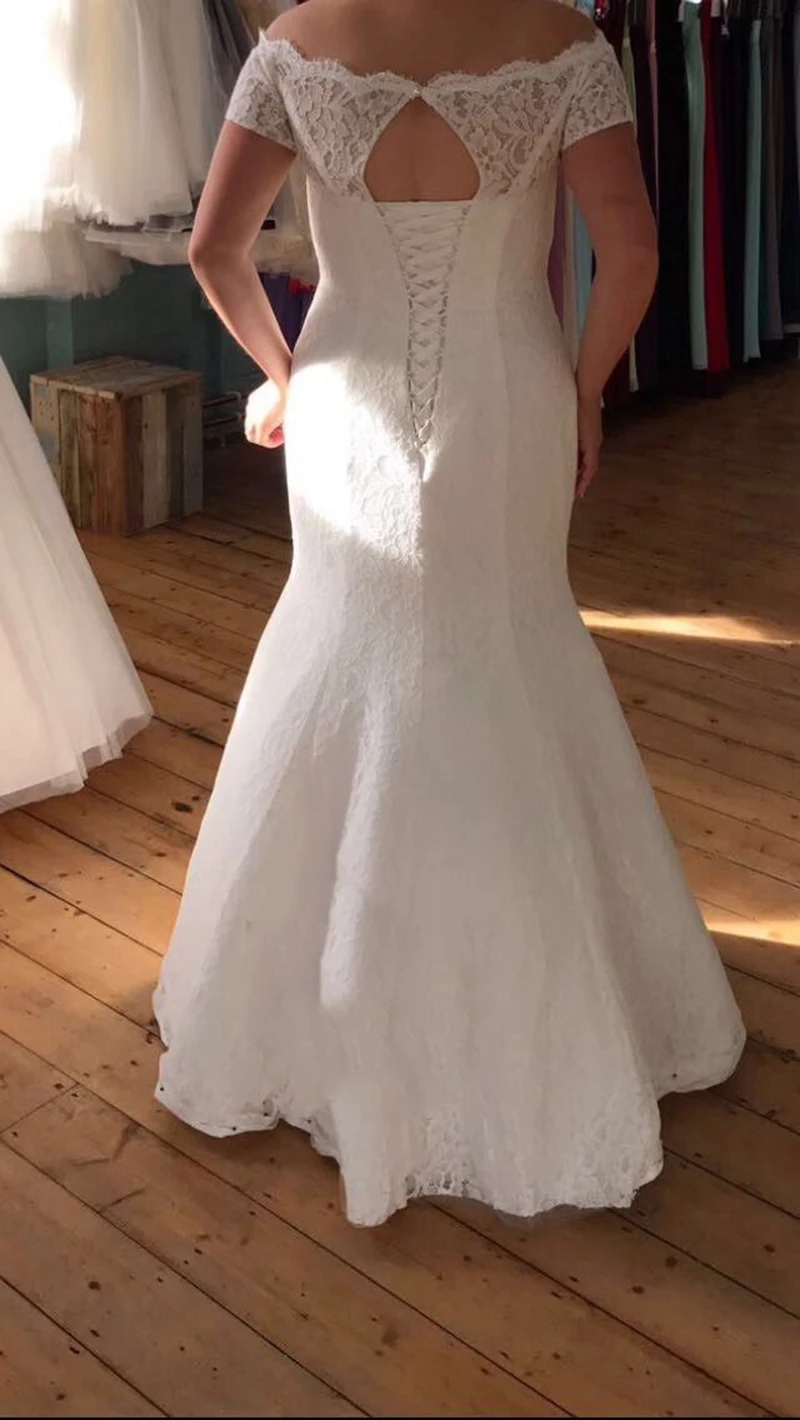 

Elegant Mermaid Wedding Dresses Floor Length Lace Custom Made Bride Gowns Plus Size Off the Shoulder Short Sleeves Wedding Dress