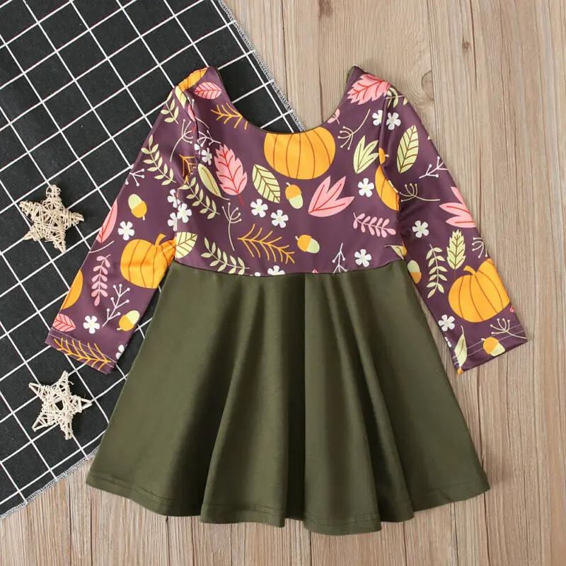 

2019 Halloween Pumpkin Dress Baby Girls Elegant Pumpkin Printed Long Sleeve A Line Dress Outfit Children Clothes