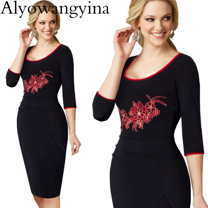 Alyowangyina, новинка, женское осенне-зимнее повседневное, для работы, с рукавом 3/4, широкое, с круглым вырезом, облегающее, женское, офисное, облегающее платье-карандаш, B340
