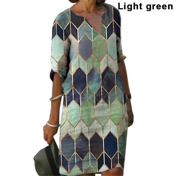 Women Casual Geometrical Print Dress Vintage Printed V-neck Knee Length Straight Dresses Summer Short Sleeve Dresses Plus Size bridesmaid dresses