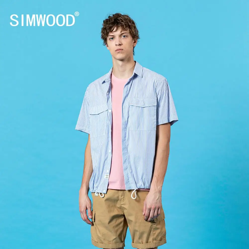 SIMWOOD 2020 summer new short sleeve pinstriped loose shirts chest pocket drawstring hem fashion men plus size shirt SJ170363 SIMWOOD 2020 summer new short sleeve pinstriped loose shirts chest pocket drawstring hem fashion men plus size shirt SJ170363