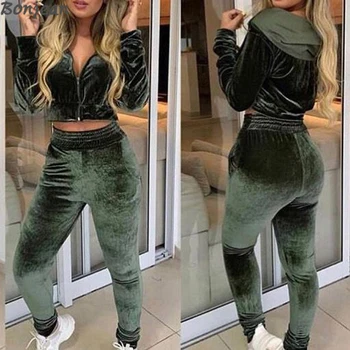 

BONJEAN 2020 Women's Suits Velvet Fabric Long Sleeve Hoodies Coat Spring Autumn Sports Trousers Pants Tracksuit Women Suit