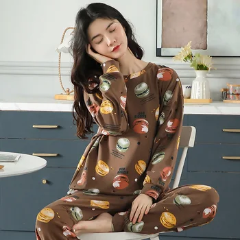 

Spring and Autumn Winter Pajamas Ladies Round Neck Pyjama Chaud Femme Two-piece Nuisette Home Wear Cute Cotton Long Sleeves