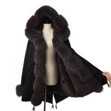 Меховая парка, 3 цвета, женская зимняя модная куртка, 80 см, длинное пальто с воротником из лисьего меха и манжетами, Повседневная теплая меховая парка