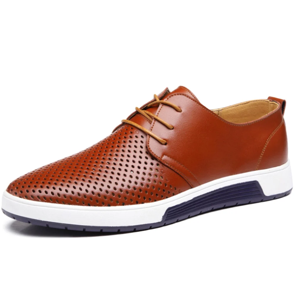 Brown Men Casual PU Shoes Breathable Loafers Lace-up Flat Sneakers for Office Party New - Color: Brown