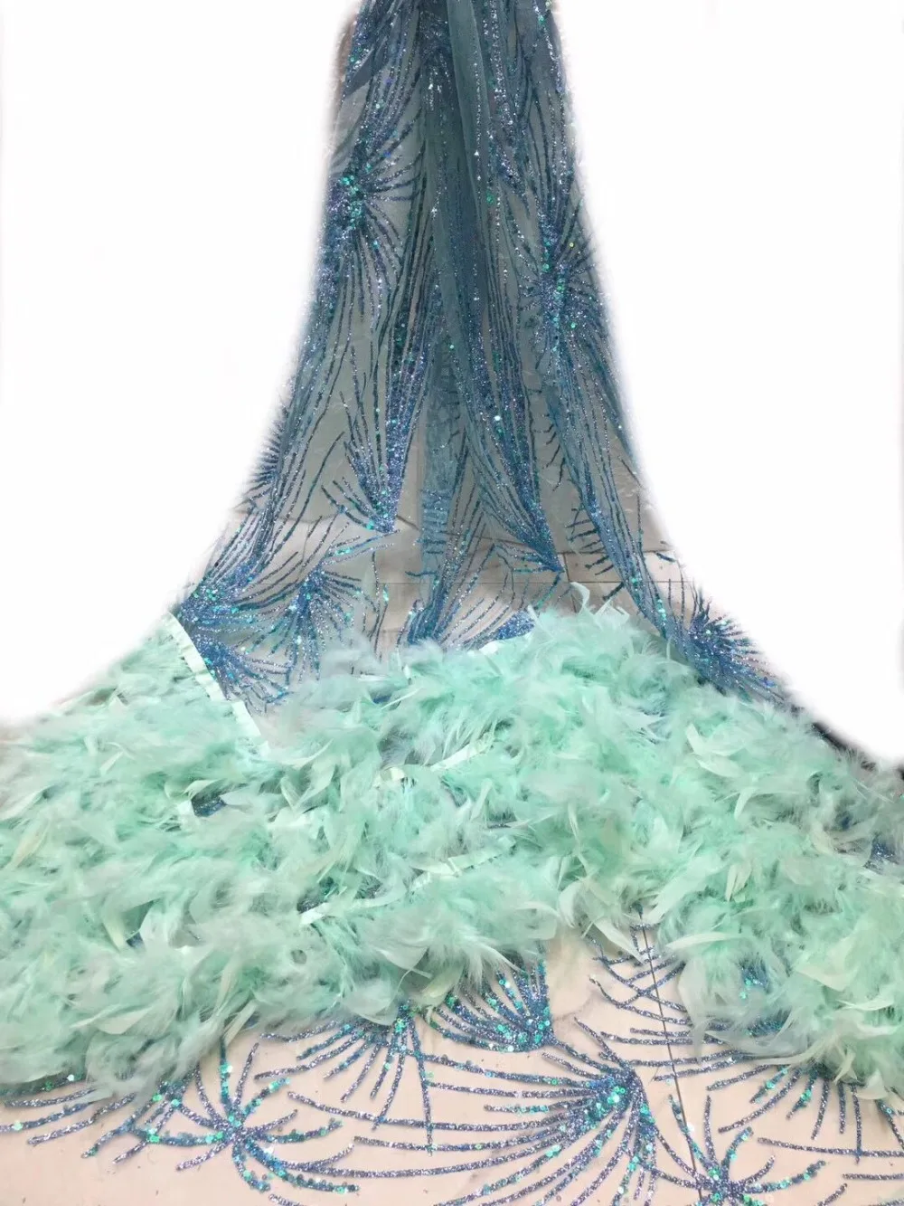Французский бахромой кружевной ткани с пером высокого качества ручной работы Африканский блеск блестками ткань для королевского свадебного платья