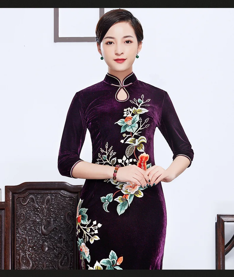 Новое ретро платье для женщин с длинным золотым бархатом cheongsam юбка для мам на осень, вышитое платье для женщин в