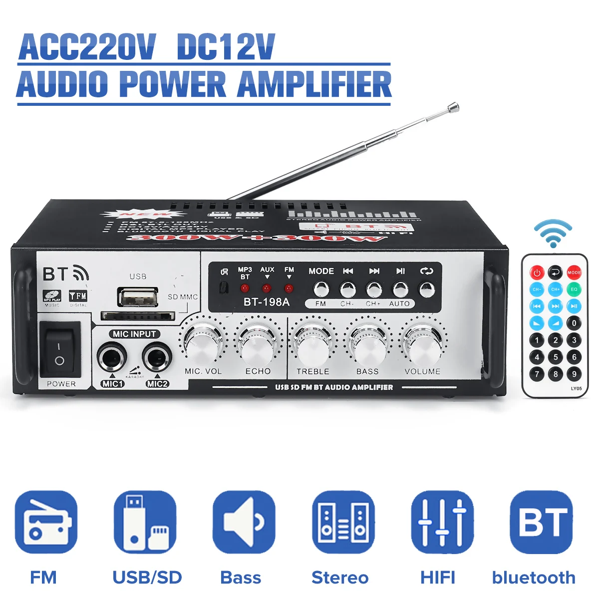 AC220V DC12V HIFI усилитель мощности беспроводной bluetooth бас аудио FM радио U блюдо TF карта усилитель мощности домашний усилитель