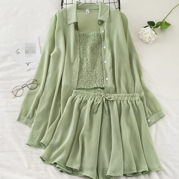 

New Women Chiffon 3 Piece Sets Fashion Summer Thin Blouse And Tank Tops And Shorts Suits Woman Casual Outfit Tracksuits