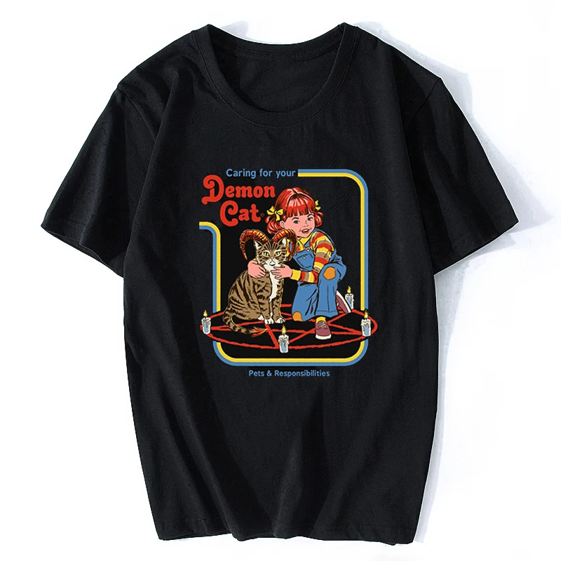 

Caring for Your Demon Cat Let's Summon Demons T-Shirt Harajuku Streetwear Funny Aesthetic Cotton Printed Men Horror Black Tshirt