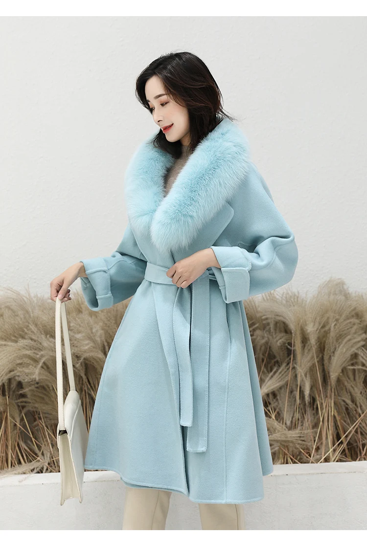 Excellent Women 2019 Winter Natural Fox Fur Collar Double-Sided Wool Blends Coat Female Thicken Warm Sheep Shearing Long Overcoat 15