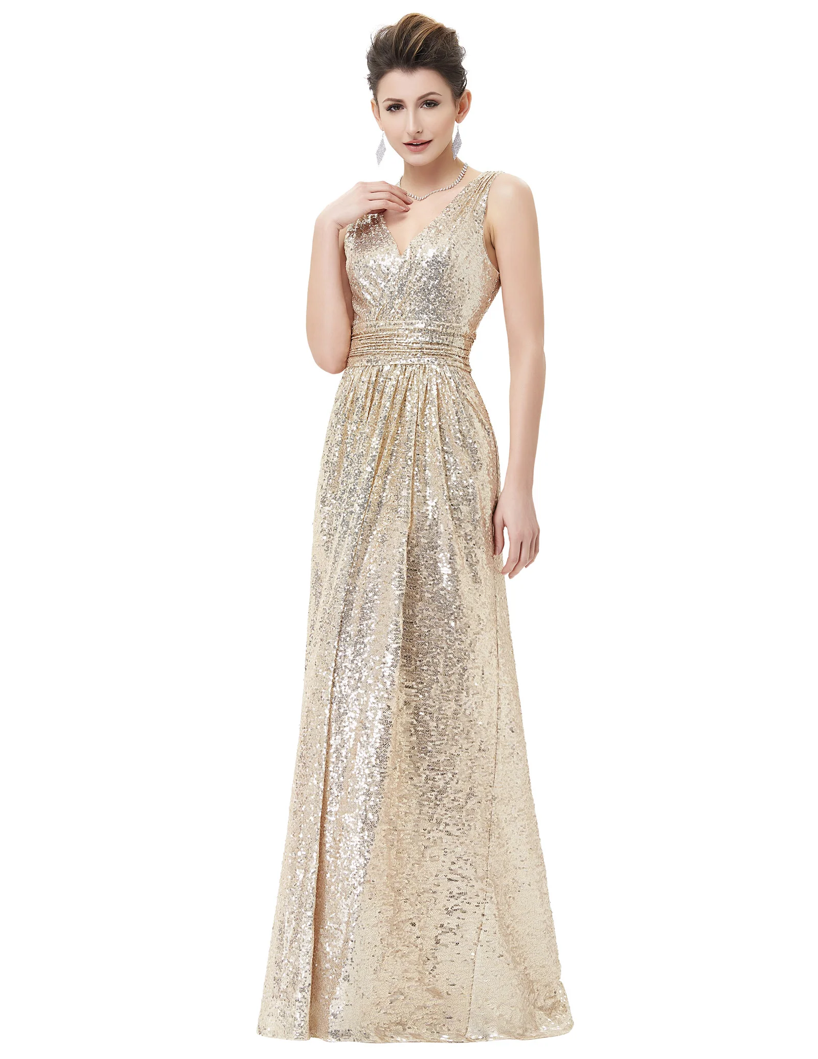 Light Gold KK блестящие расшитые блестками с завышенной талией платье с v-образным вырезом без рукавов облегающее платье бальное платье Коктейльные Вечерние Свадебные Длинные платья - Цвет: Light Gold