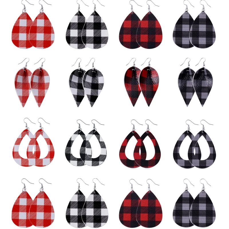 8 пар женских кожаных сережек Buffalo Plaid Brincos красный и черный капли воды Серьги Каплевидные модные кожаные серьги - Окраска металла: 16 pairs mixed