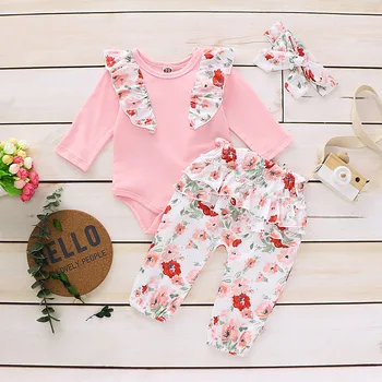 

TELOTUNY Children's clothing Newborn Infant Baby Girls Long Sleeve Ruffles Floral Print Romper Tops+Pants+Headband Outfits Jun29