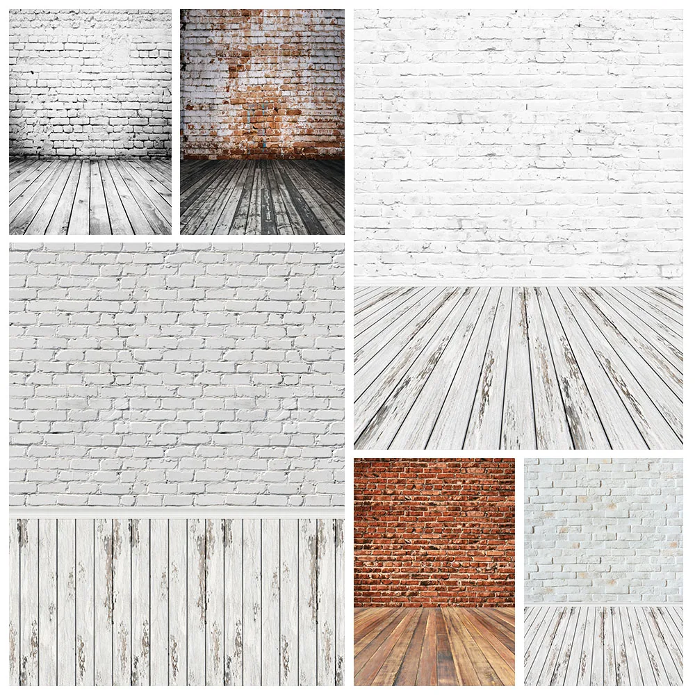 White Brick Wall Wooden Board Floor Backgrounds Vintage Portrait Baby Shower Newborn Toy Photography Backdrops For Photo Studio |