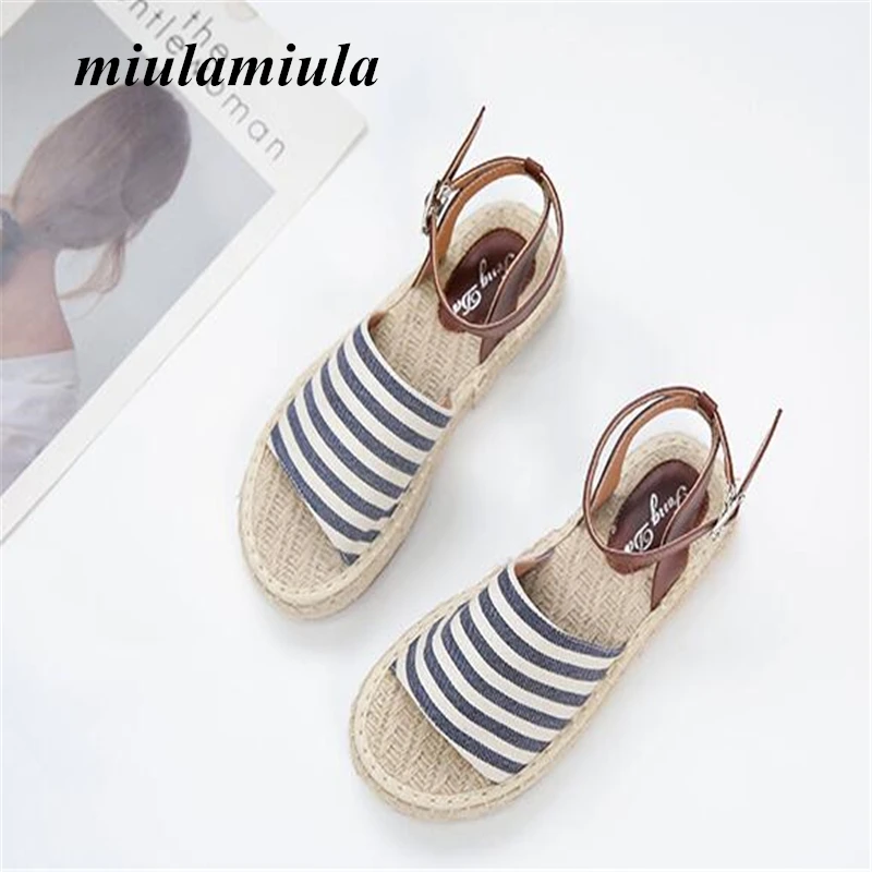 

Miulamiula Summer Popular Women Sandals Flat Shoes Cloth Sandals Striped Pattern Cloth Hemp Rope Weave Style Banquet Woman Shoes