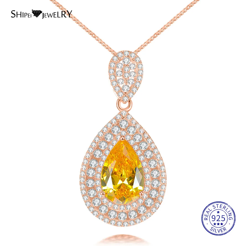 Shipei Sterling Silver Fine Jewelry Ruby Emerald Sapphire Water Drop Pendant Necklace for Women Anniversary Gift - Цвет камня: RoseGold-Yellow