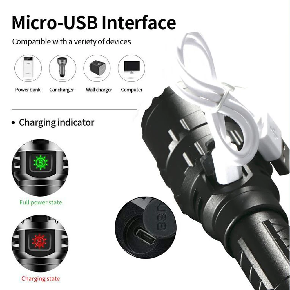 LED 사냥 전술 손전등, USB 충전식 스카우트, 매우 밝은 방수 18650 토치, 적색, 녹색, 백색