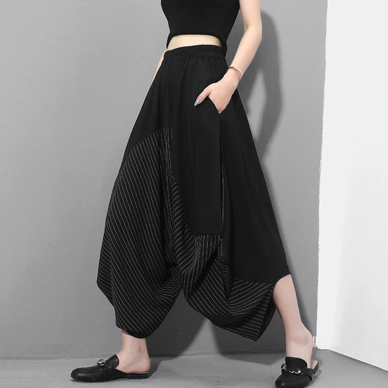 [EAM] High Elastic Waist Black Striped Split Long Harem Trousers New Loose Fit Pants Women Fashion Tide Spring Autumn 2020 1Z313