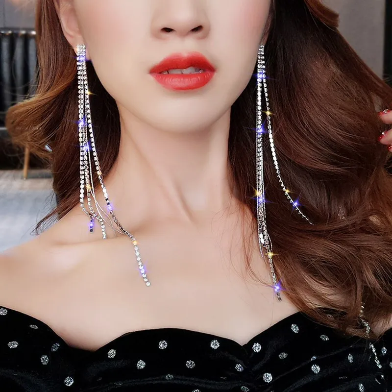 TREAZY 2019 Fashion Crystal Long Earrings for Women Jewelry Silver Color Rhinestone Wedding Party Dangle Earrings Brides Gifts